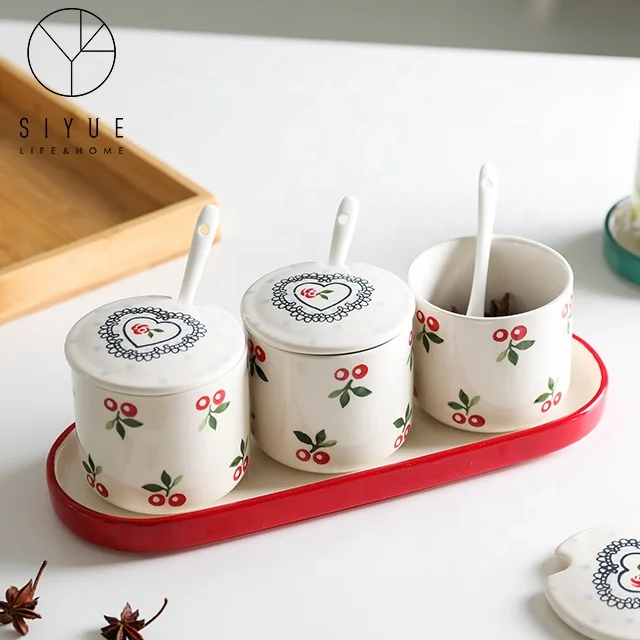 Wholesale Ceramic Spice Jar Set With Spoon For kitchen 1101