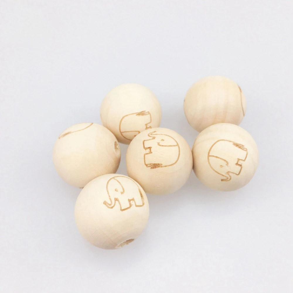 20mm Food Grade Engraved Elephant Wooden Round Teething Charms Beads For Bracelets