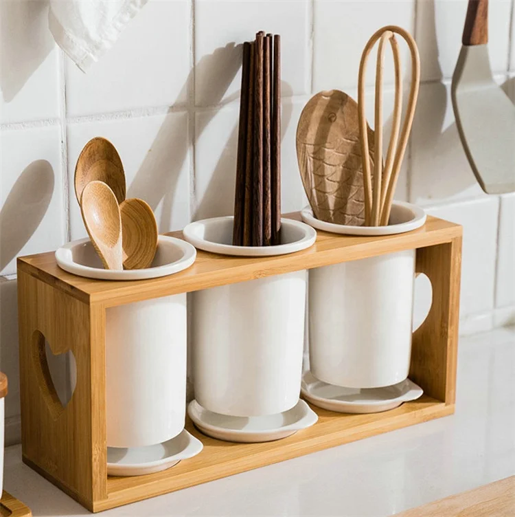 Modern design restaurant used 3 piece ceramic chopstick holder with wooden stand