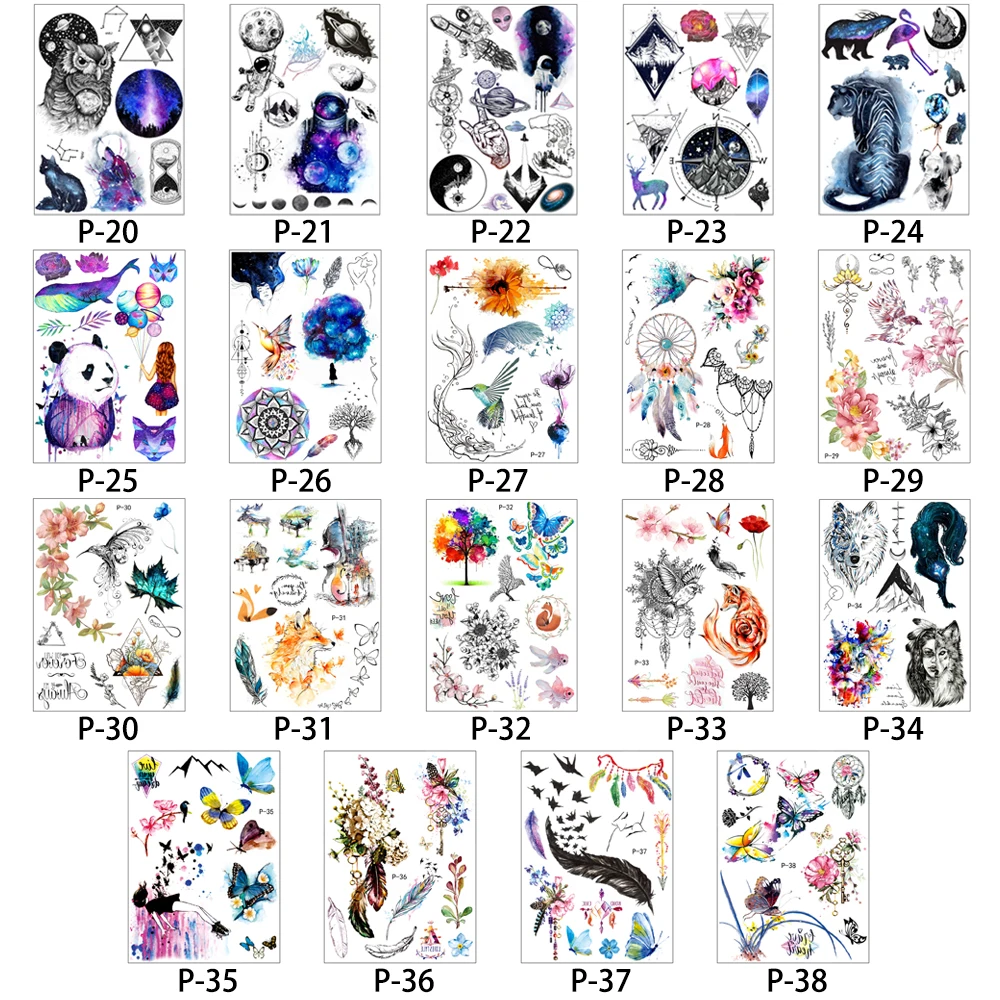 New 15x21cm Temporary Tattoo Stickers in Stock P01 - P38
