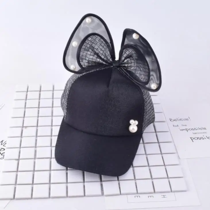 
Spring Summer Children Baseball Cap Girls Snapback Hip Hop Caps Rabbit Ear Pearl Big Bow Kids Sun Visor Hat 