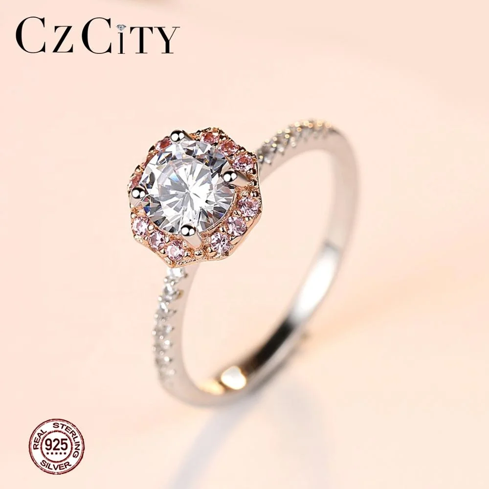 CZCITY Pink Light Stone White Cubic Zirconia Zircon Crystal Colored Cz Beauty Fashion Woman Color Ring