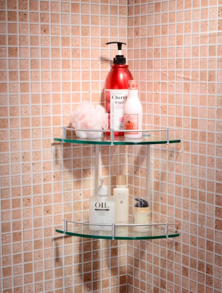 
hotel style bathroom accessories double tier triangle wall glass corner shelf 