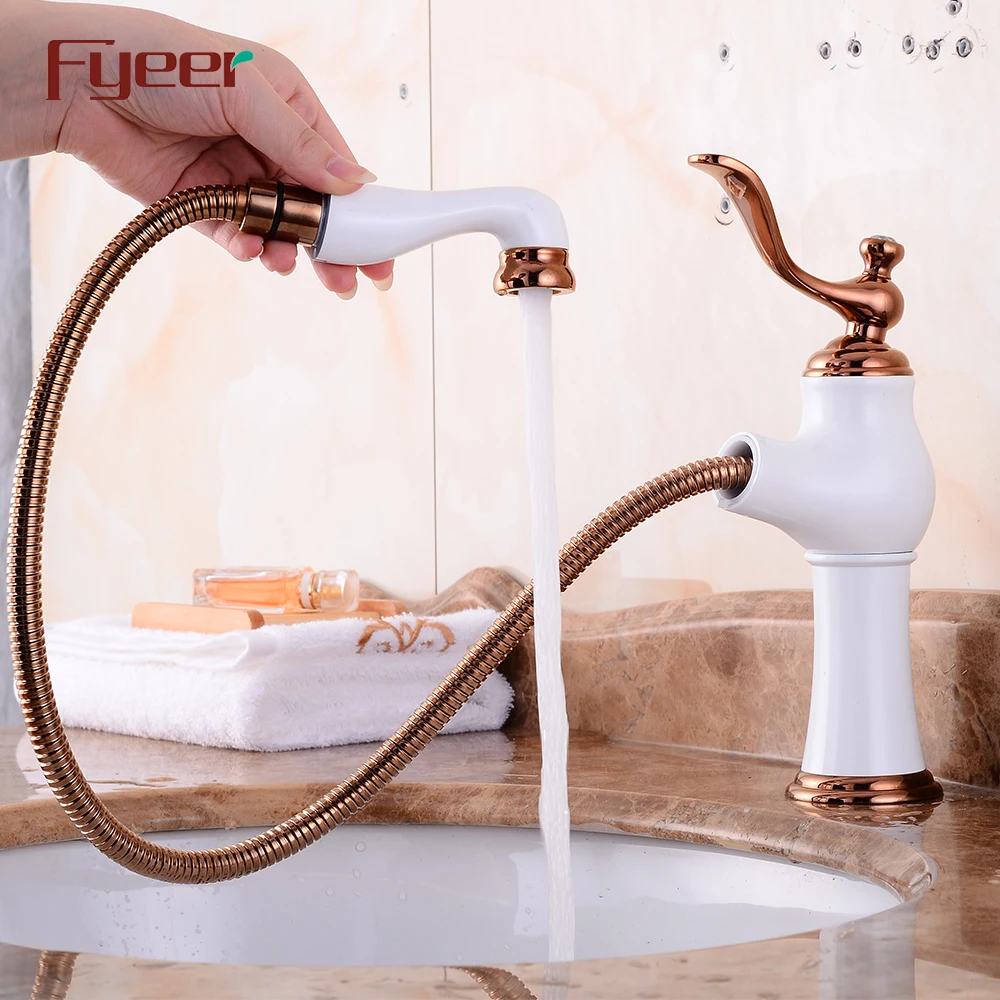 Fyeer Brass Body Painted White Pull Out Basin Faucet