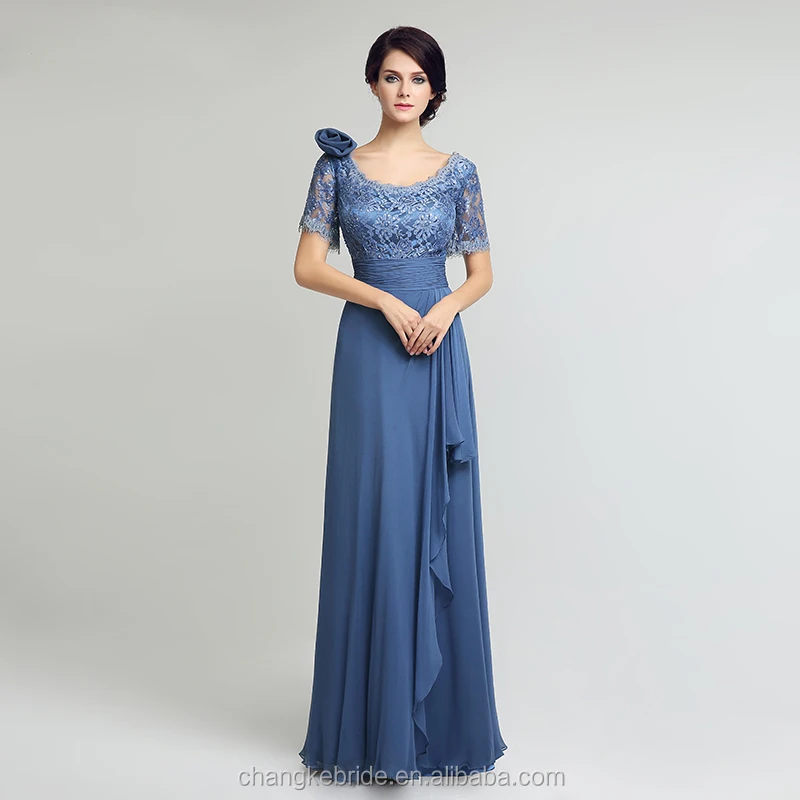 
2018 New Elegant Long Mother of the Bride Dresses A Line Short Sleeves Lace Top Floor Length Women Formal Evening Gowns 