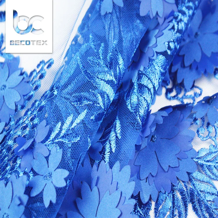 Elegant 3d flower beaded bridal lace royal blue 3d lace fabric