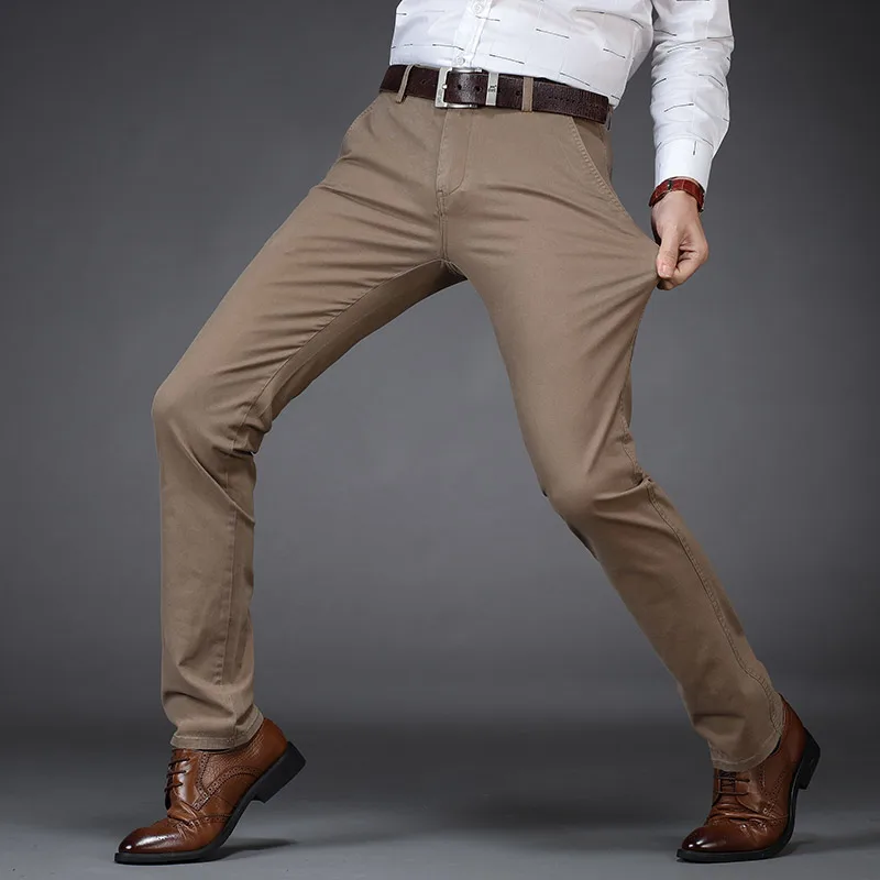 Брюки мужские деловые, модная одежда для папы, плотные брюки хаки, Стрейчевые Прямые повседневные штаны с карманами и складными пуговицами, большие размеры