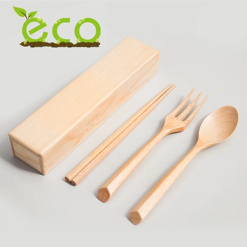 Japanese Design Natural Wooden Material Cutlery Set For Camping