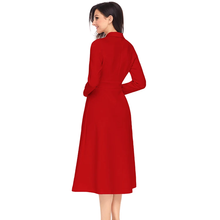 
Hot selling Ladies Vintage Button Collared Fit-and-flare Office Dress 