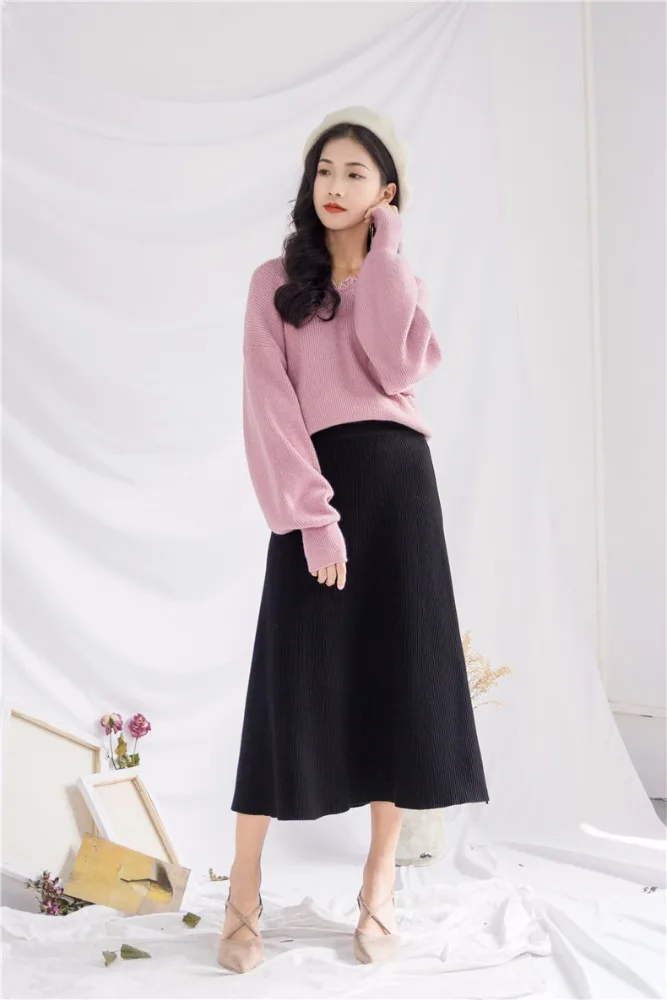 
ZH0116X winter long pure color high waist elasticity women knit skirt 