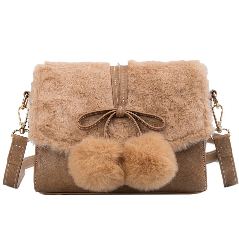 
New stylish 2018 women handbags faux fur mini shoulder bags with bow decoration and long adjustable strap 