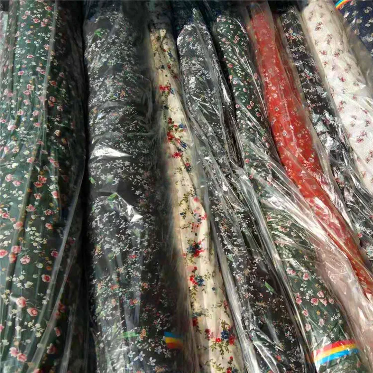 
cheaper price pure silk crinkle printed floral glitter printed chiffon linen fabric in yiwu stocklot cheap price 