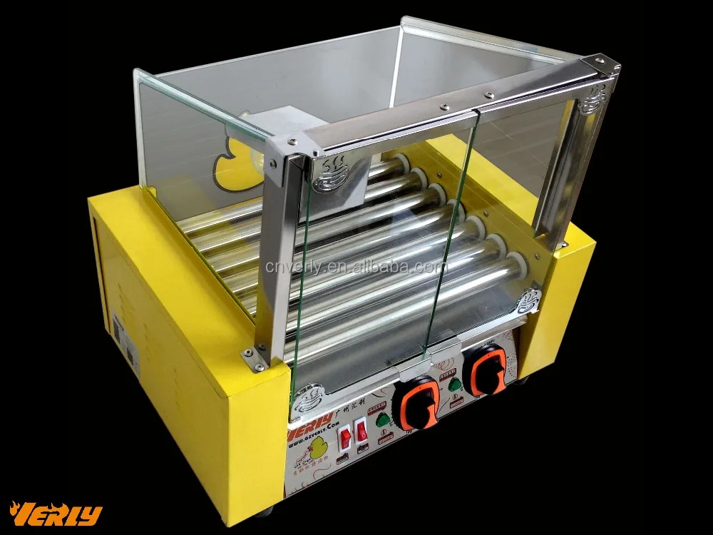 Electric mini yellow color 7 roller Hot dog Grill / sausage making machine with glass cover XHK-007