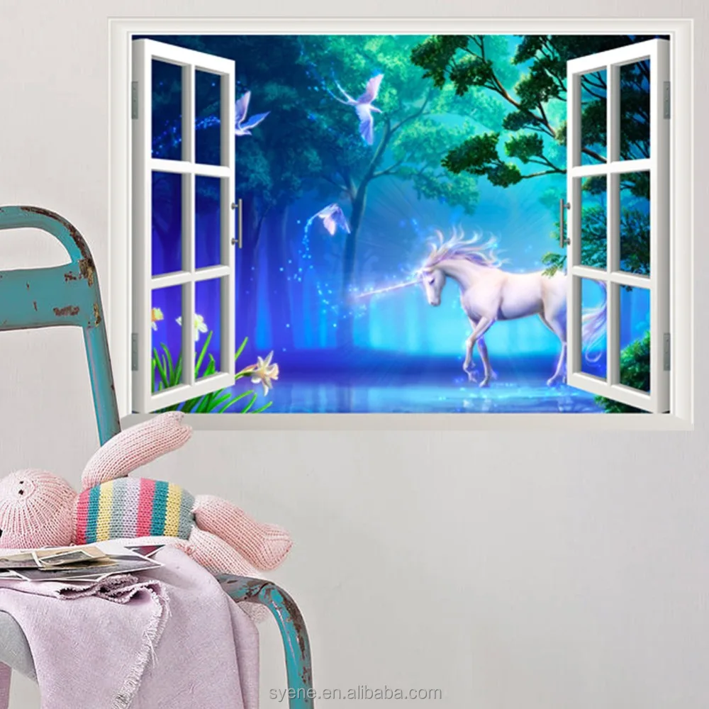 Syene 5d home decor pvc unicorn wall sticker hot natural beautiful wallpaper fake window wall decals home decor