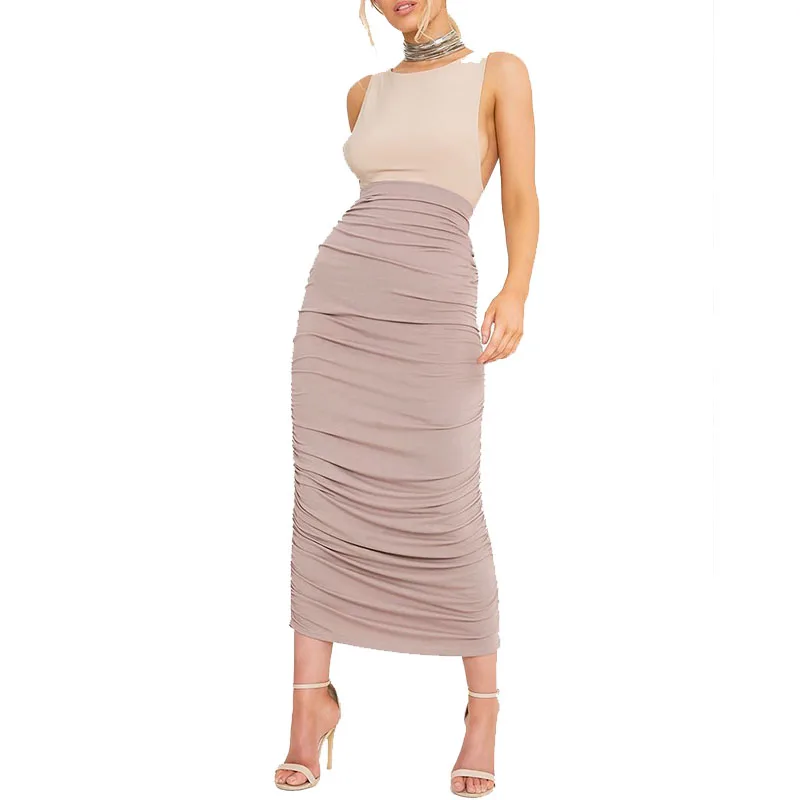 
Women High Waist Elastic Bodycon Wrap Pencil Plain Maxi Skirt Pleated Formal Long Skirts For Ladies 