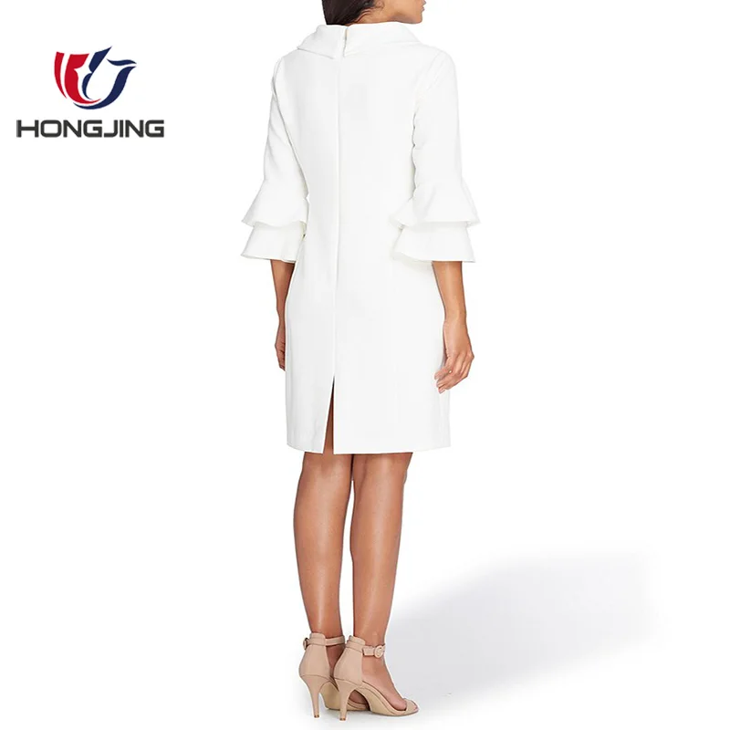 women 3/4 sleeves sheath silhouette dress back vent Broach Shawl Collar Ruffle Sleeves folded shawl collar with brooch detail