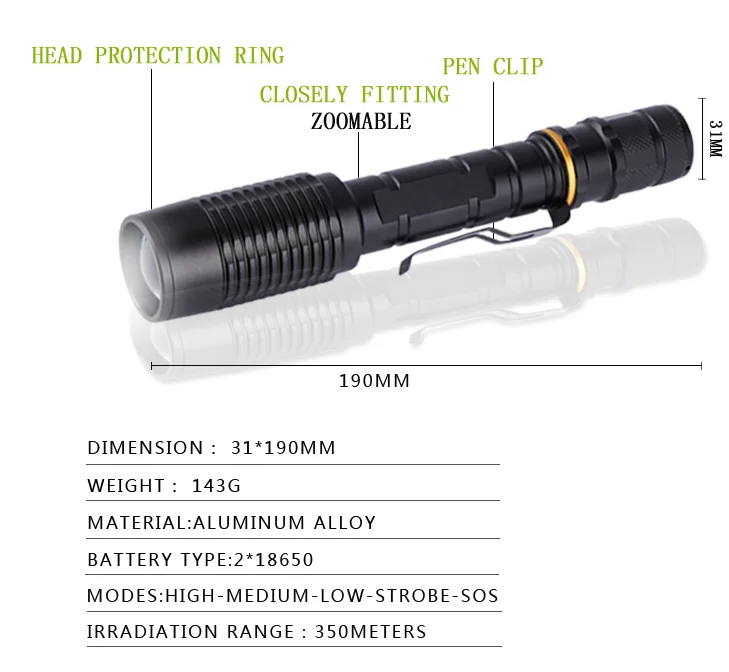 
LED Flashlight XML-T6 1000Lumen Aluminum waterproof 18650 Battery Type 5 Mode Tactical Torch Light 