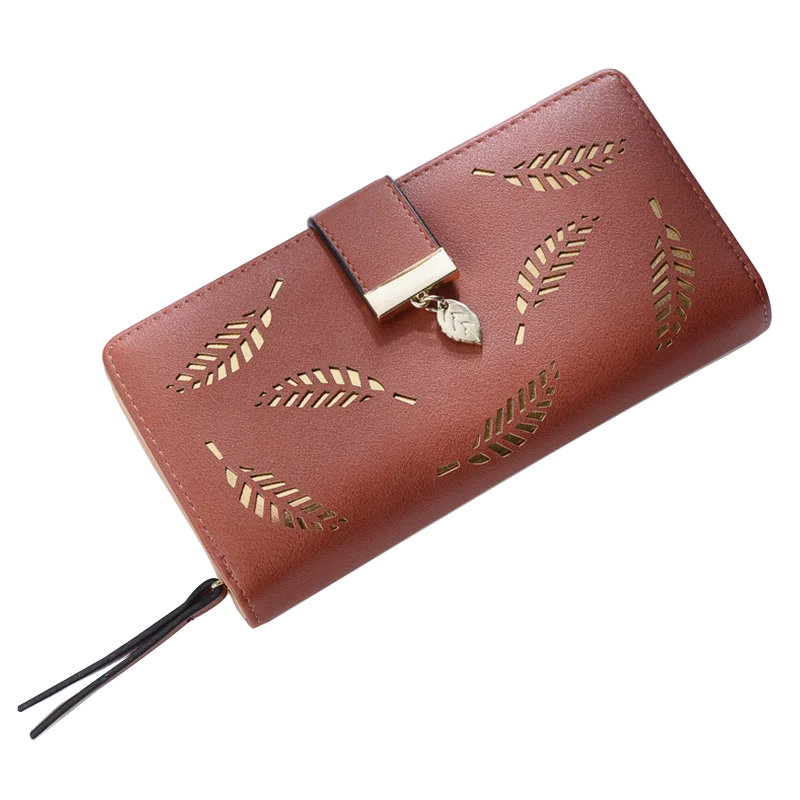 Betterbag Long fashion Clutch bag Hollowing out Leaf Sequined decorative zipper Hasp leather women clutch wallet