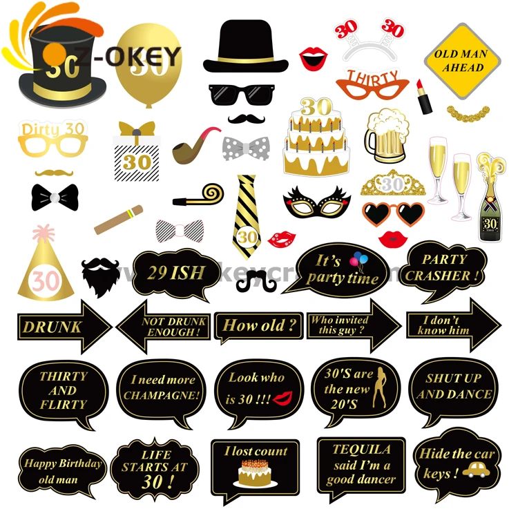 30th Birthday Party Photo Booth Props (52Pcs) for Her Him Dirty Thirty 30th Birthday Gold and Black Decorations 30 Birthday Par