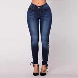 Джинсы с высокой талией, брюки на лямках, женская одежда, облегающие брюки, горячая Распродажа эластичных джинсов из денима в европейском и американском стиле