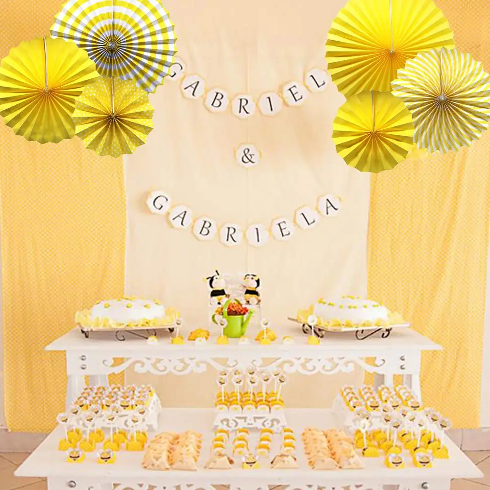 Party Hanging Paper Fans Set Yellow Round Pattern Paper Garlands Decoration for Birthday Wedding Graduation Events Accessories