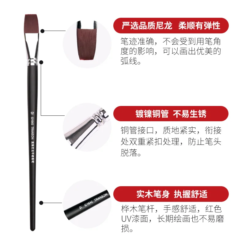 Transon TR1640 artist painting brush.Red nylon hair paintbrushes for oil /acrylic /gouache /water color paint