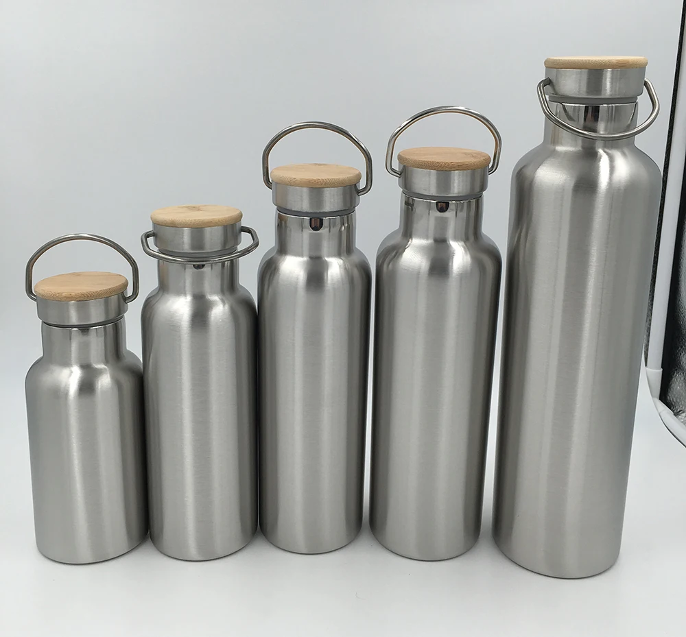 Durable Double Wall Water Bottle with Bamboo Lid, Custom Brushed 18/8 Stainless steel Sports bamboo bottle