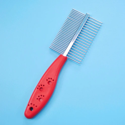 double sided pet grooming comb with plastic handle and dog paw print