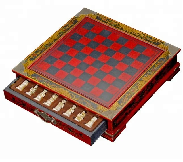 
red dragon phoenix fengshui leather antique hand painted art oriental lacquer jewelry box game chess 