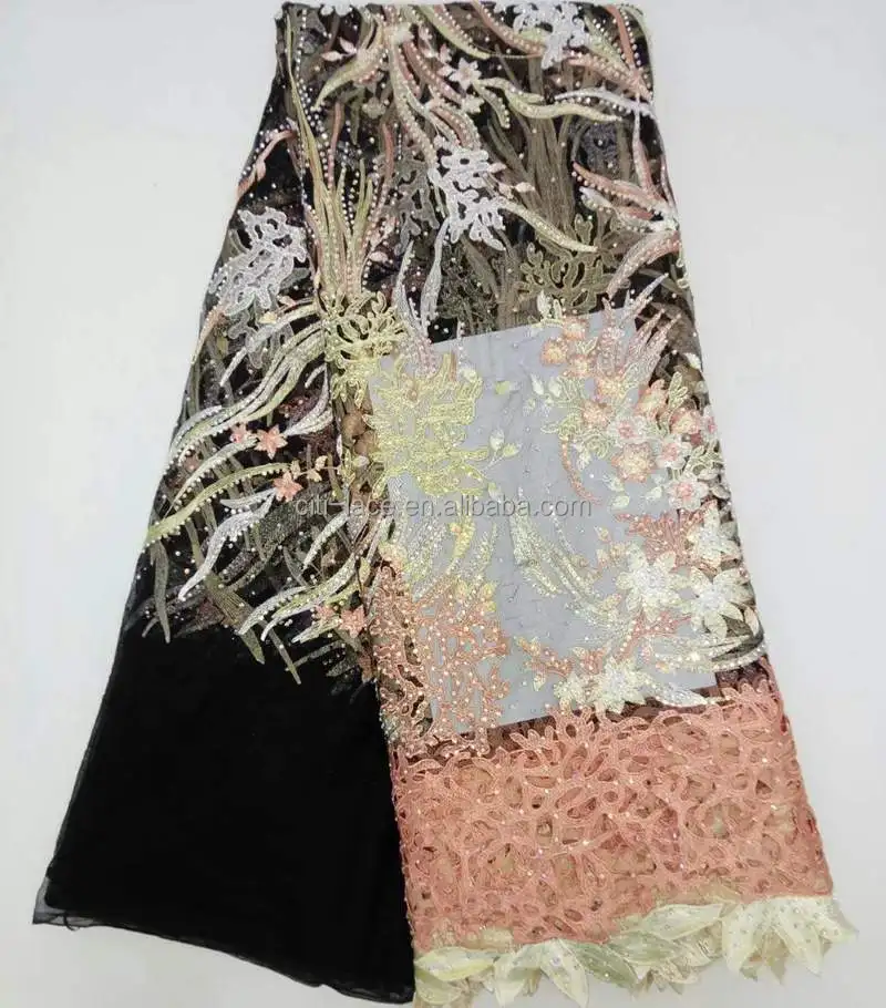 Guangzhou african wedding embroidery tulle lace fabric material French 3d lace fabric with stones TS004