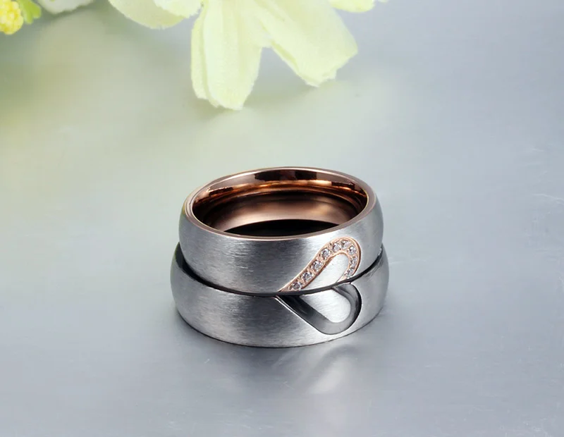 Heart Wholesale Wire Drawing Micro-drill Zircon Titanium Steel Ring Lovers