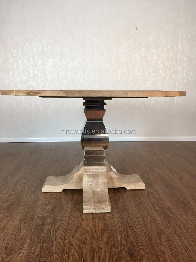 MRS WOODS Solid Oak Wood Top And Base With Stainless Steel Round Large Dining Table