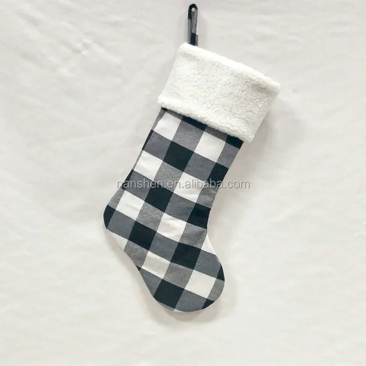 
Gireshome Grey Buffalo Check Plaid with Sherpa Cuff Decoration Christmas Stocking Xmas Tree Decor Festival Party Ornament 