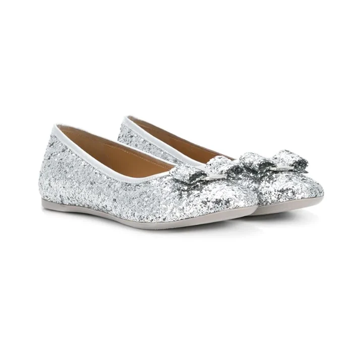 Customized Color Slip On Bow Silver Glitter Kids Ballerina Girl Party Shoes Flats