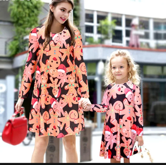 Fancy mom and daughter matching clothing, stylish mother and girls dresses printed party dress image