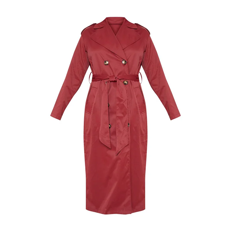 2019 New Arrival Tie Waist  Lapel Collar Oversized Long Trench Coat Women
