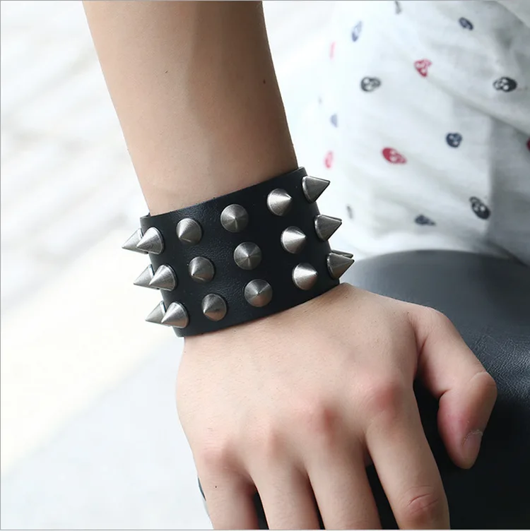 Unique Three Row Cuspidal Spikes Rivet Stud Wide Cuff Leather Punk Gothic Rock Unisex Bangle Bracelet