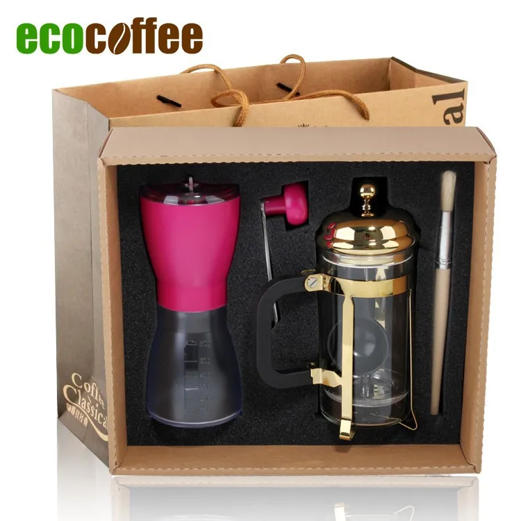 T-224 Nice Portable Ecocoffee Accessories Gift Box with one gold french press + Coffee Manual Grinder for Family/Friend Gift Set
