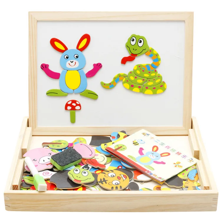Hot Sale Educational Multi-function Wooden Easel Whiteboard Blackboard Kid Toy Cartoon Magnetic Puzzle