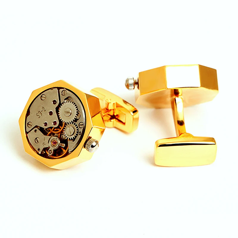 Gold plated mechanical cufflinks watch movement