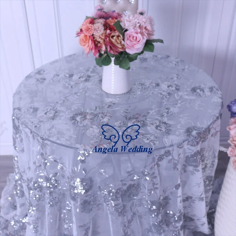 CL090C New design  beautiful 2019 gliter embroidery pattern floral sequin lace silver round or rectangle table cloth