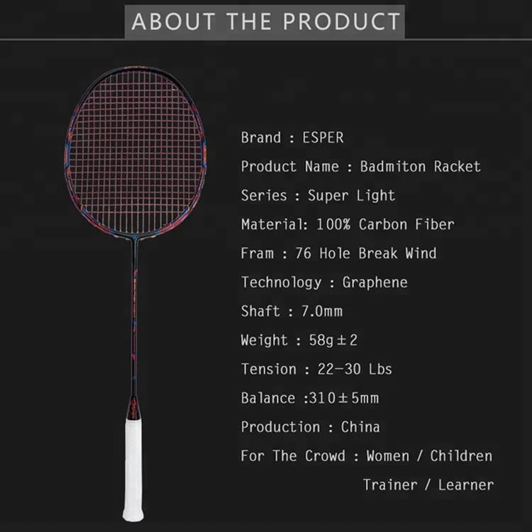
Factory specialized production chame 9U58Gram Super Lightest 46T 30lbs 100% Carbon Fiber Graphene Technology badminton racket 