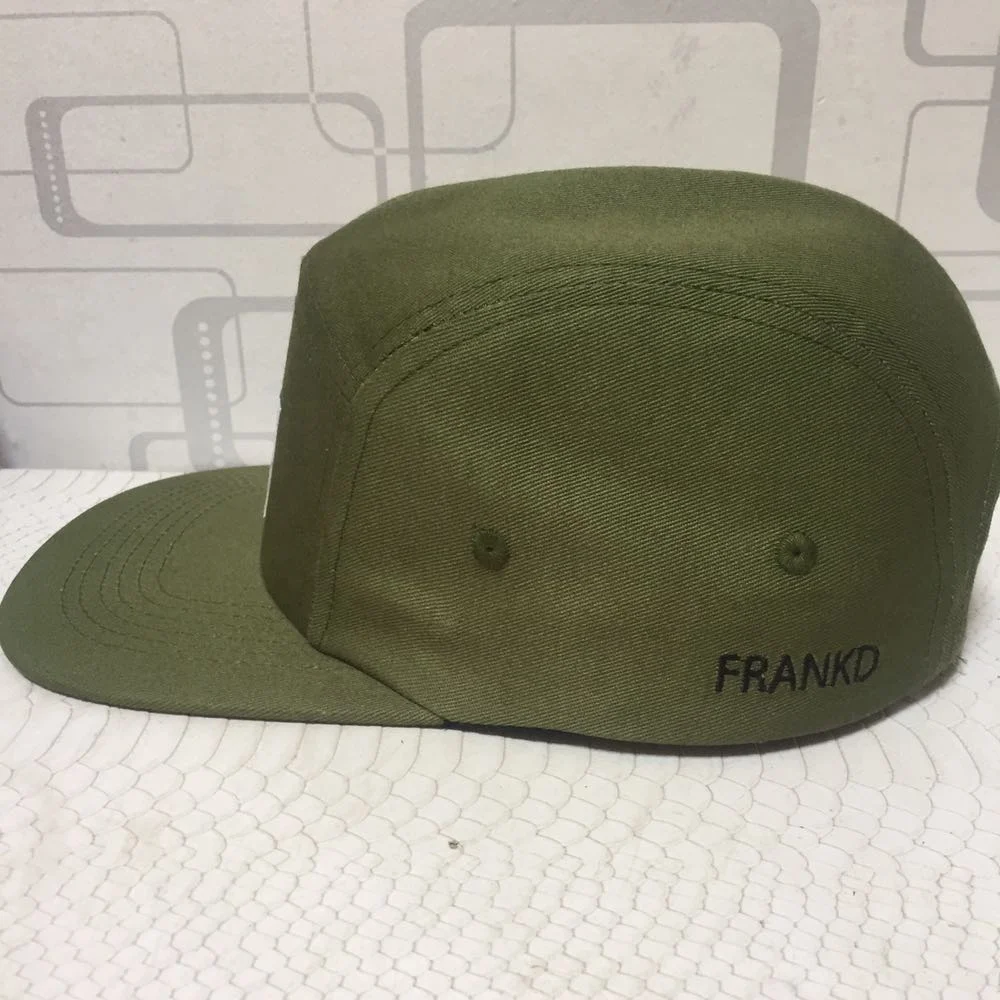 OEM army green blank cotton flat brim camp hat woven label logo custom 5 panel cap for men