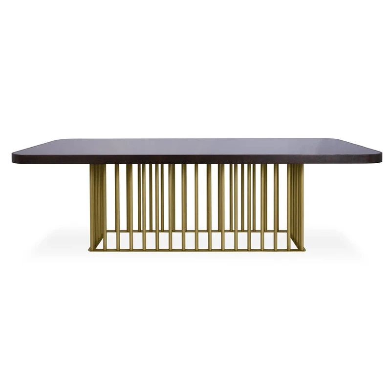 French Minimalist style 8 seater gold stainless steel metal legs solid wood  top square dining table
