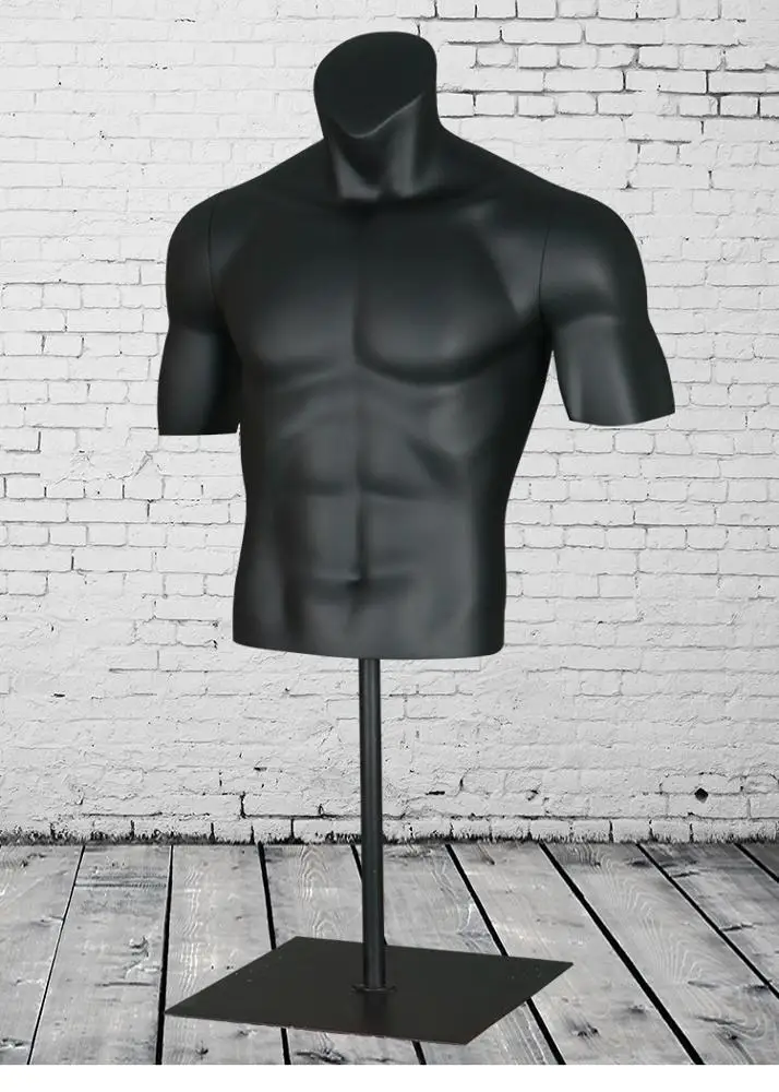 Black plastic half body muscular bodybuilder sports clothes male female mannequin torso with stand