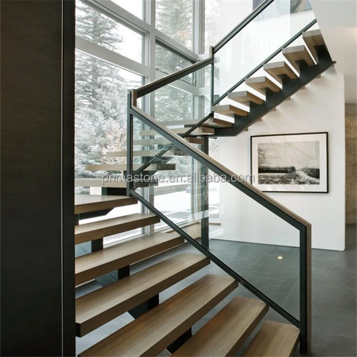 
30mm thick wood step stair with steel beam single stringer 