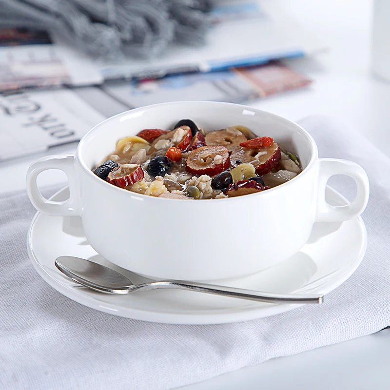 White Porcelain  270ml Stackable Soup Bowl With Handle&Saucer, Ceramic Bowl Wholesale, Porcelain Bowl White@