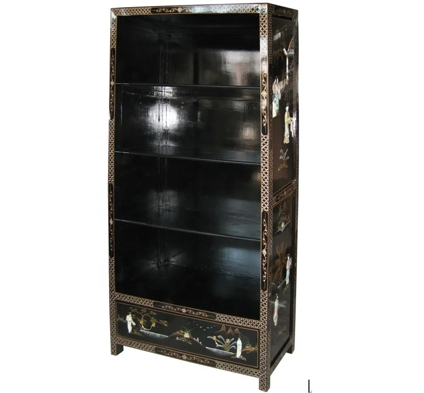 
customized black chinoiserie mother of pearl lacquer oriental asia art furniture home bookcase 