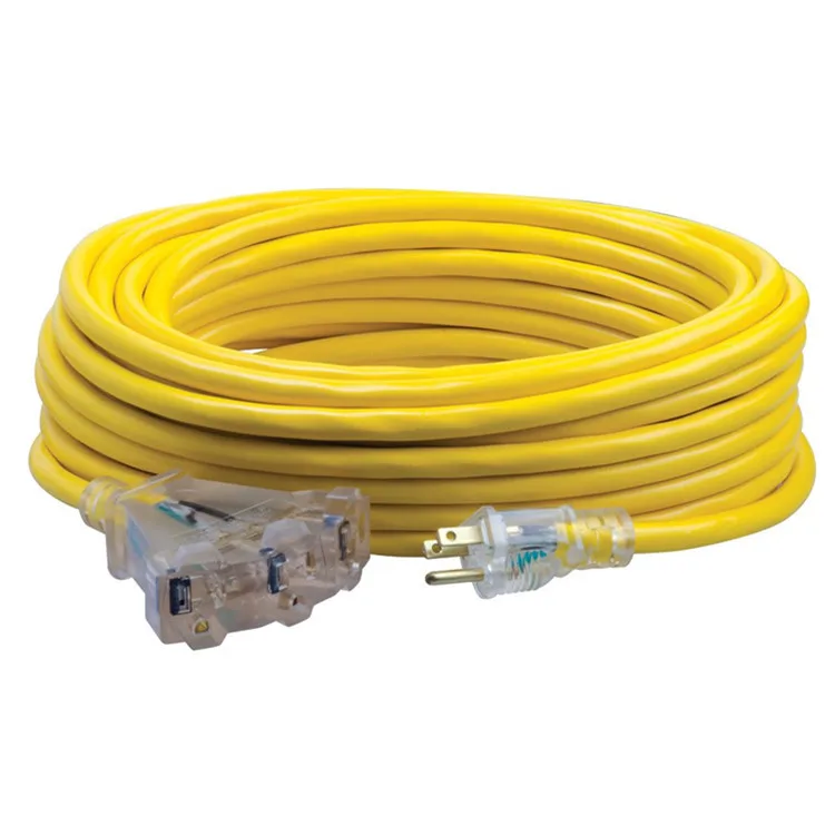 50ft Heavy Duty NEMA5-15P SJTW 12/3 Triple Tap Extension Cord with light