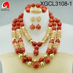 Queency High Quality Orange Coral Beads Bride Wedding Jewellery Designs Dubai Gold Jewelry Set